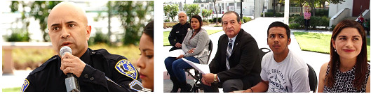 Two image composite showing a police office talking into a microphone and a group of people sitting on folding chairs