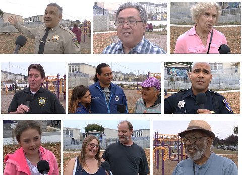 Composite of several police officers and other people talking into microphones at a park in front of play equipment