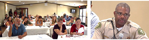 Two image composite showing a group of people in a conference room and a police office talking into a microphone