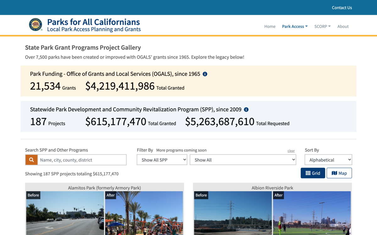 The State Park Grant Programs Project Gallery has a search bar, filters, and images for each project