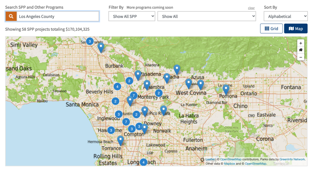Interactive map with pins of grant-funded projects in LA County.