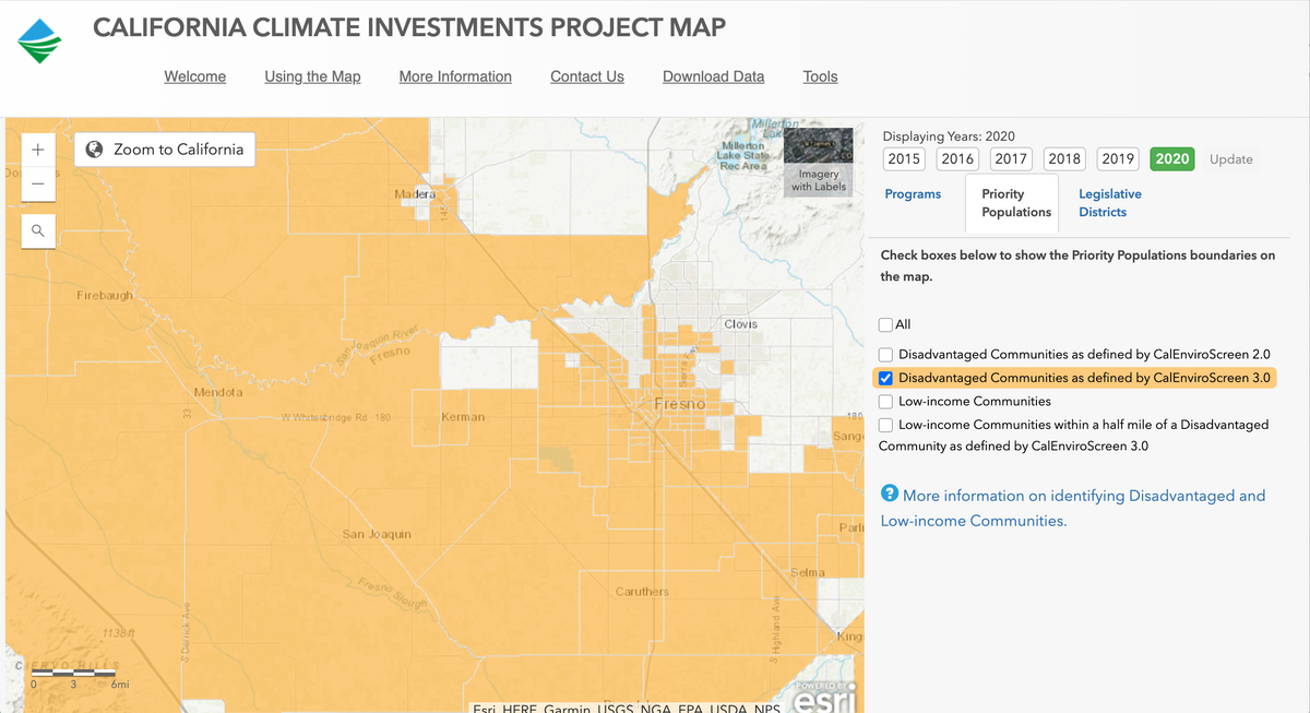 The California Climate Investments Project Map has a map with colors based on CalEnviroScreen 3.0