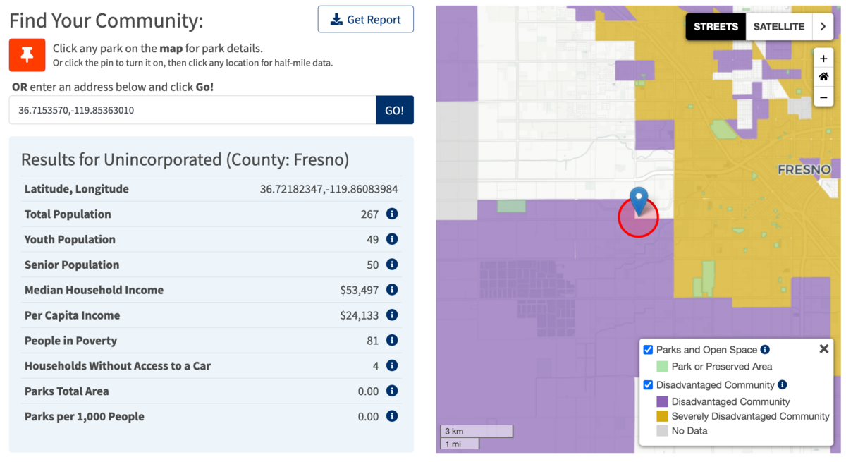 The Community Fact Finder tool shows a project map with a pin, and accompanying demographic data
