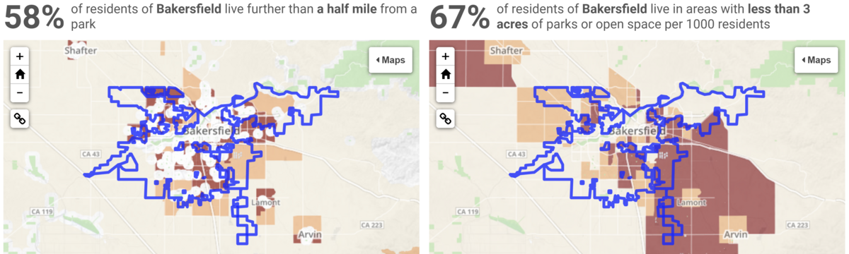 The Park Access Tool statistics for Bakersfield, Kern County