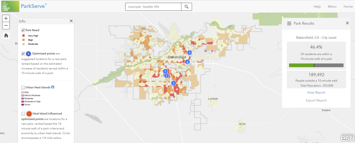 The ParkServe tool shows a map of park needs and a panel that shows walking distance to nearby parks