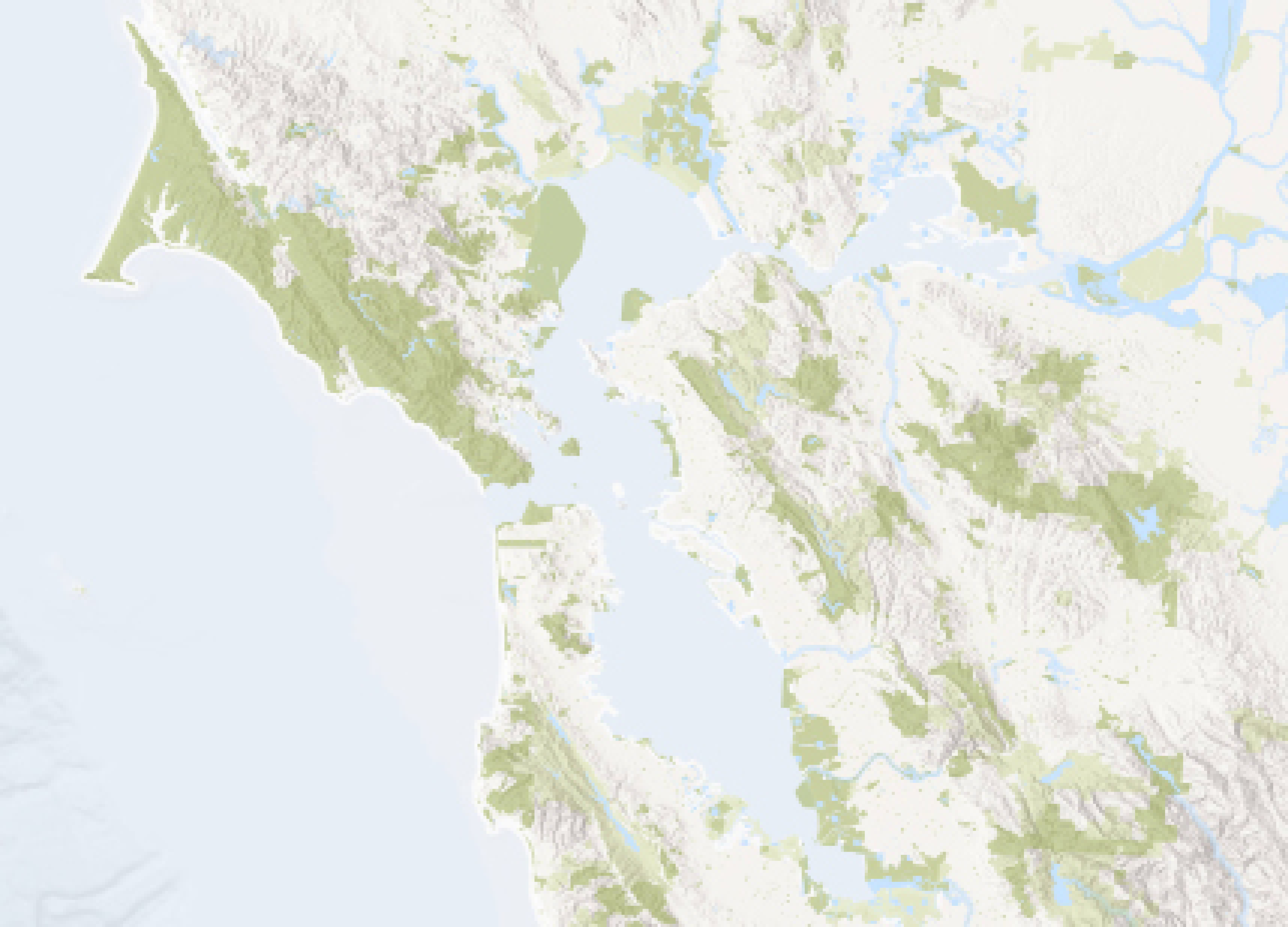 Geographic map of California's Bay area with open space areas highlighted