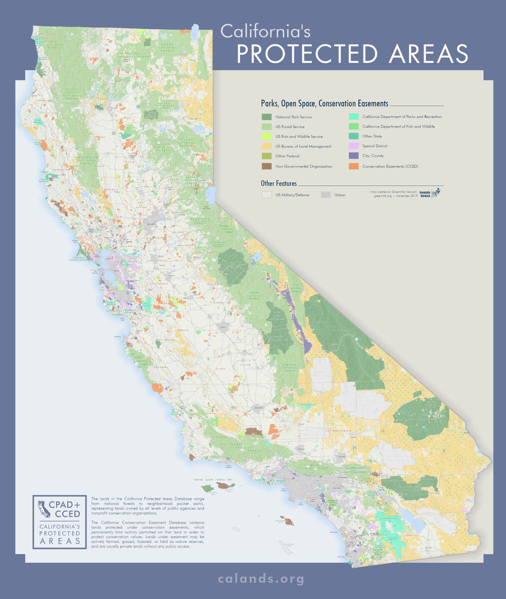 Map of California with different color areas showing Parks, Open Space and Conservation Easements