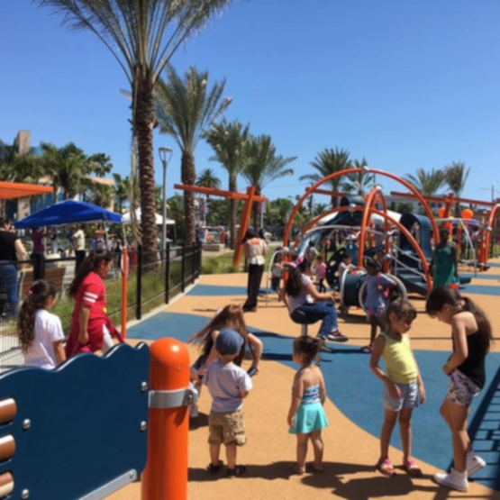 Park with palm trees, many children and play equipment