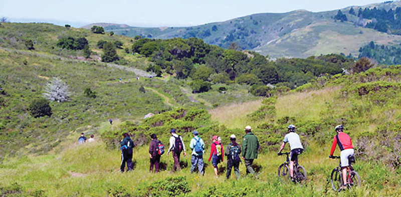 Hikers and bikers on a narrow trail through shrub covered hills