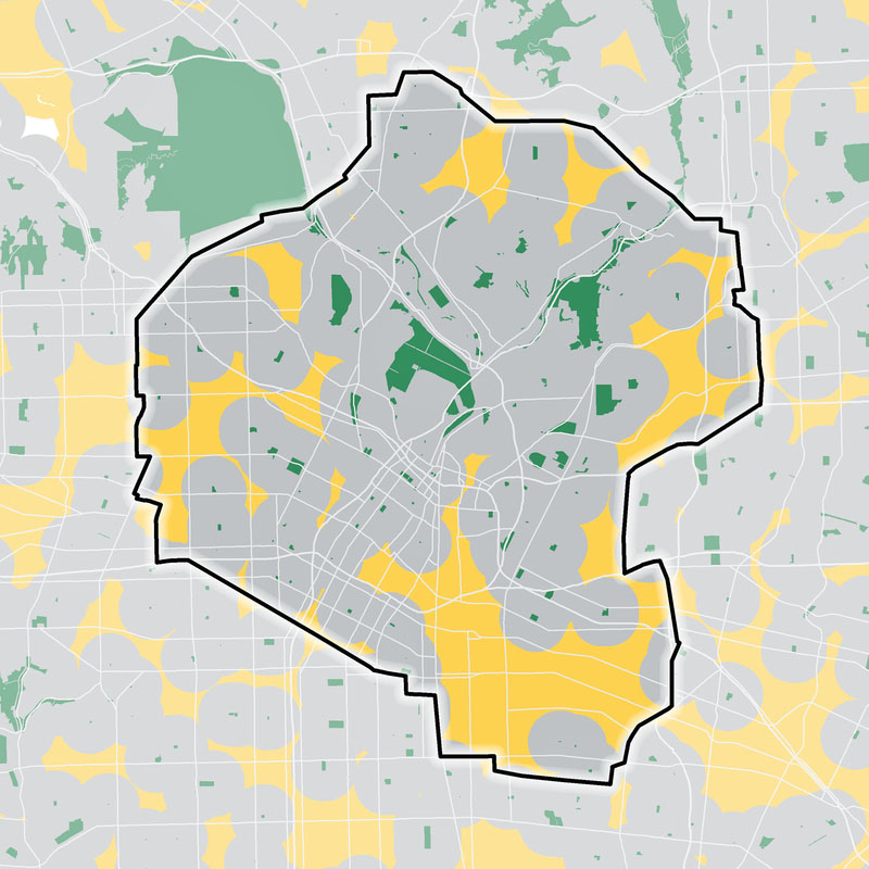 A map showing city areas that have parks within 1/2 mile using the Park Access Tool