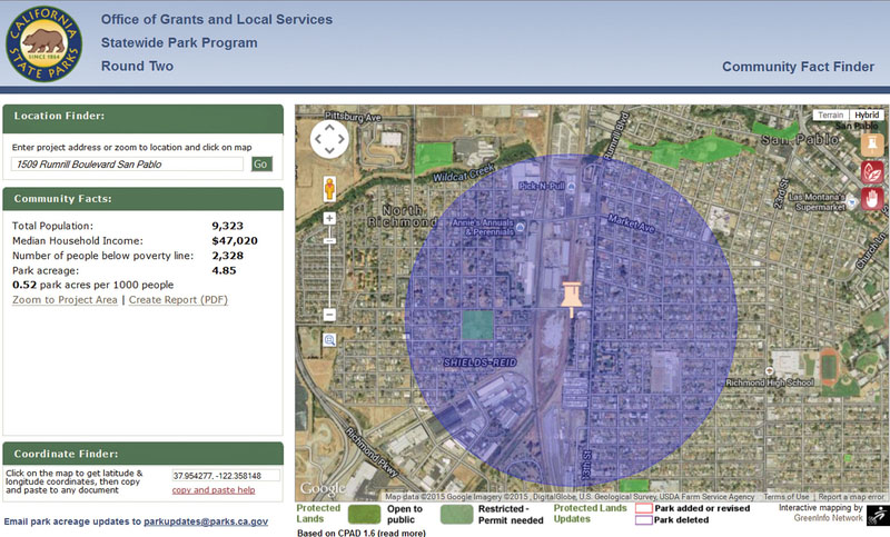 A map with an address marker and a table of corresponding nearby parks and demographics data