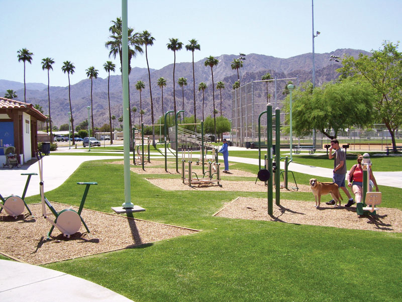 Outdoor fitness equipment in a newly built park amidst palm trees with mountains in the background