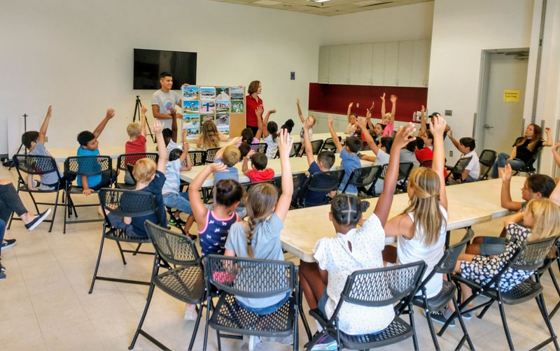 Young adults sitting in rows with their hands raised