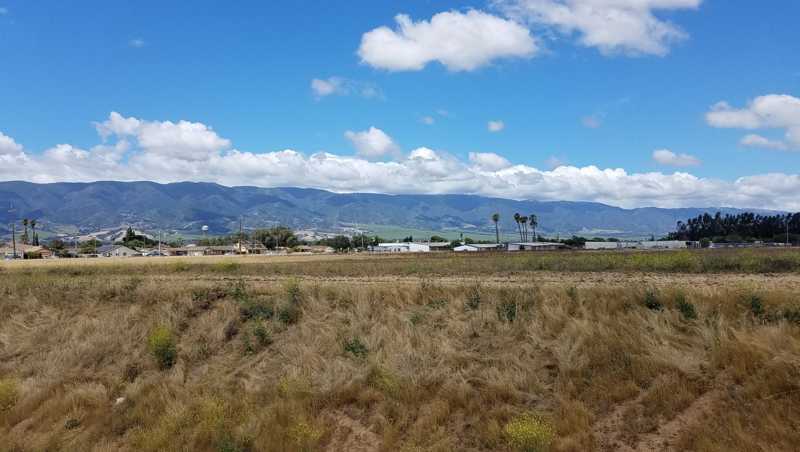 Grassy vacant lot infront of mountain range and sunny skies.