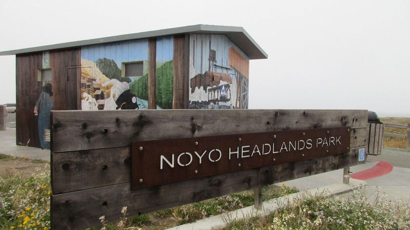 Wood structure with painting on the walls behind a sign that reads Noyo Headlands Park.