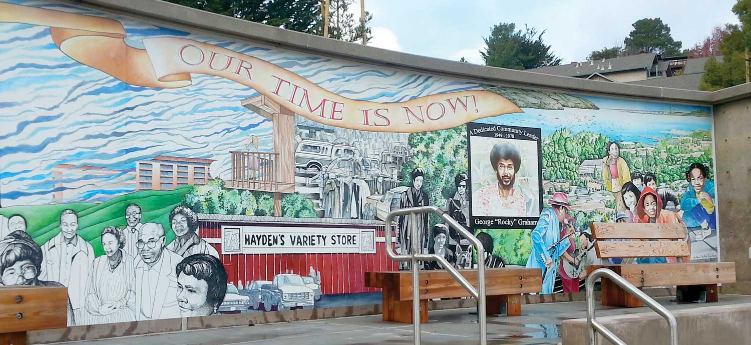 Wall mural featuring people's faces, Hayden's Variety Store, and the Golden Gate bridge