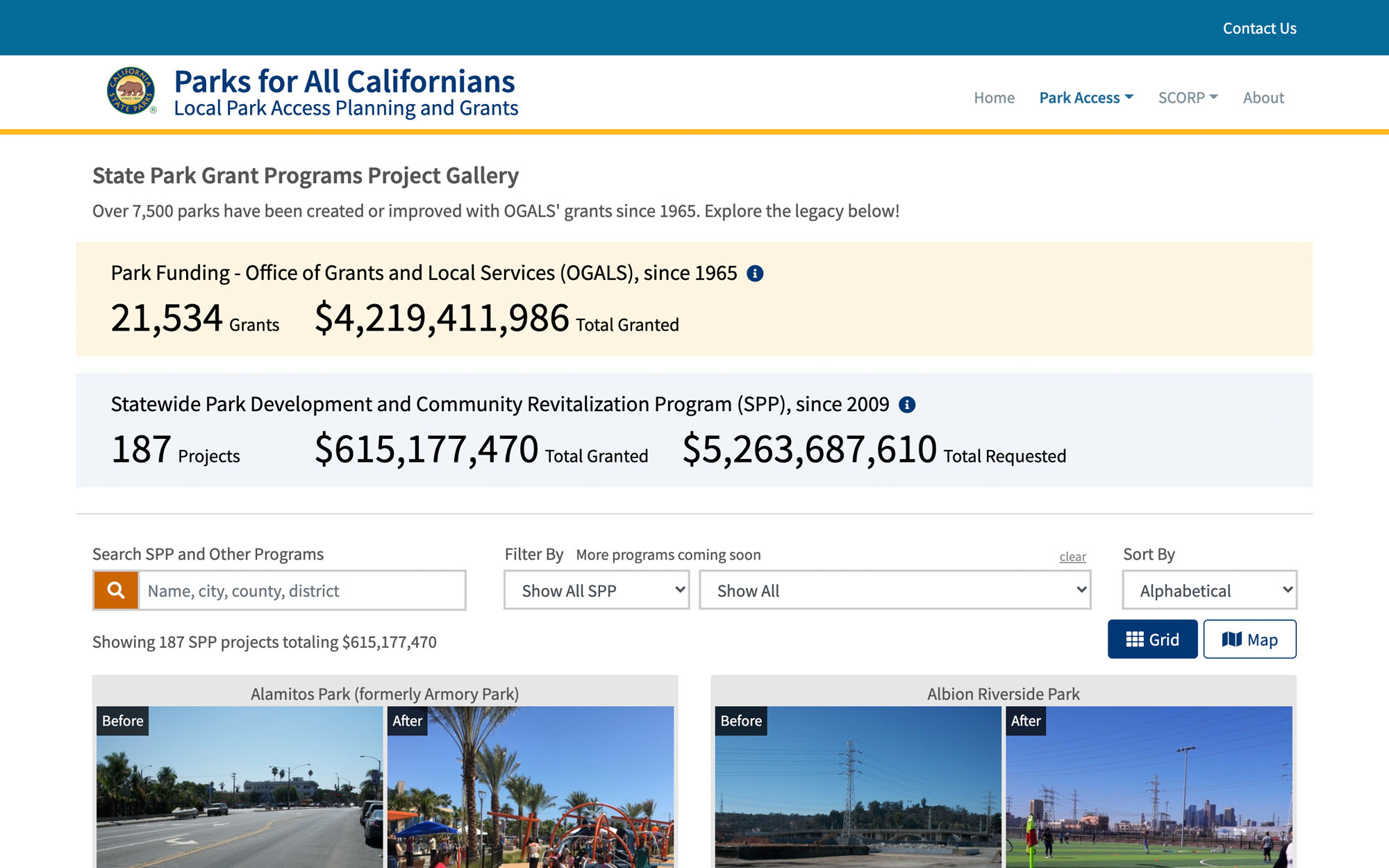 The Parks for All Californians Project Gallery has keyword search and shows the value of all grants