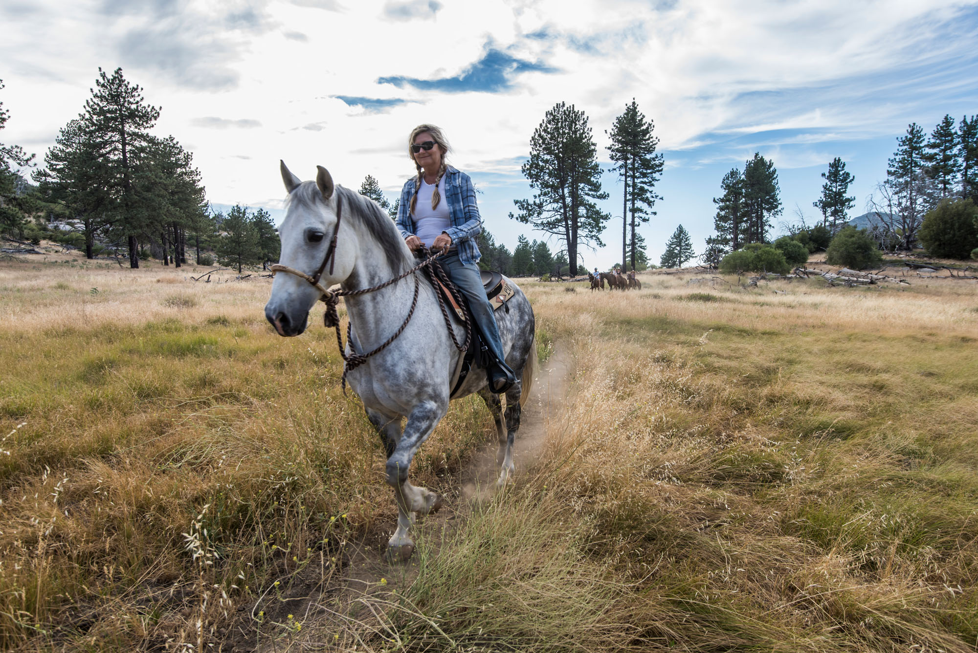 A woman rides a horse on a dirt trail through a meadow with three horses and riders behind them