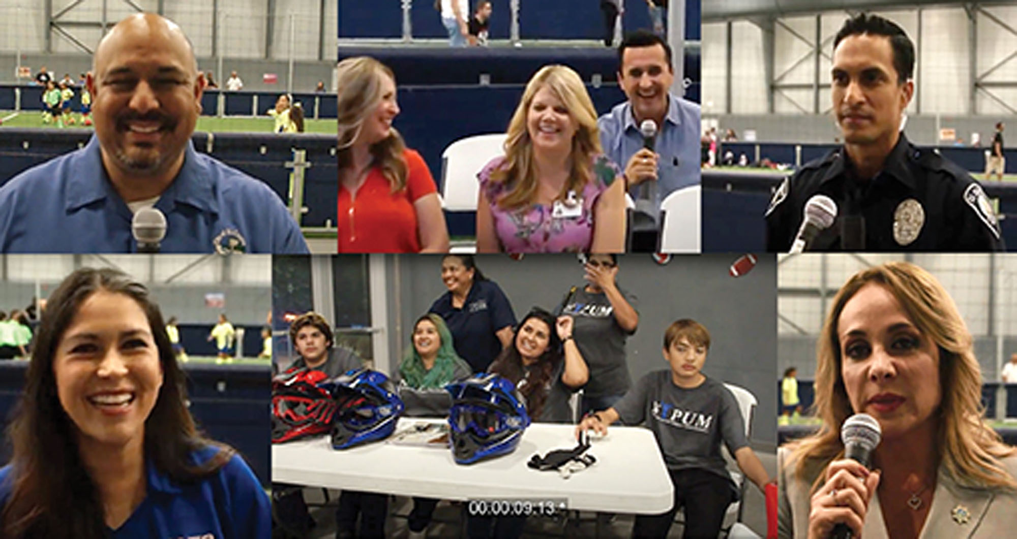 A collage of six images of people from different ages and races speaking into microphones