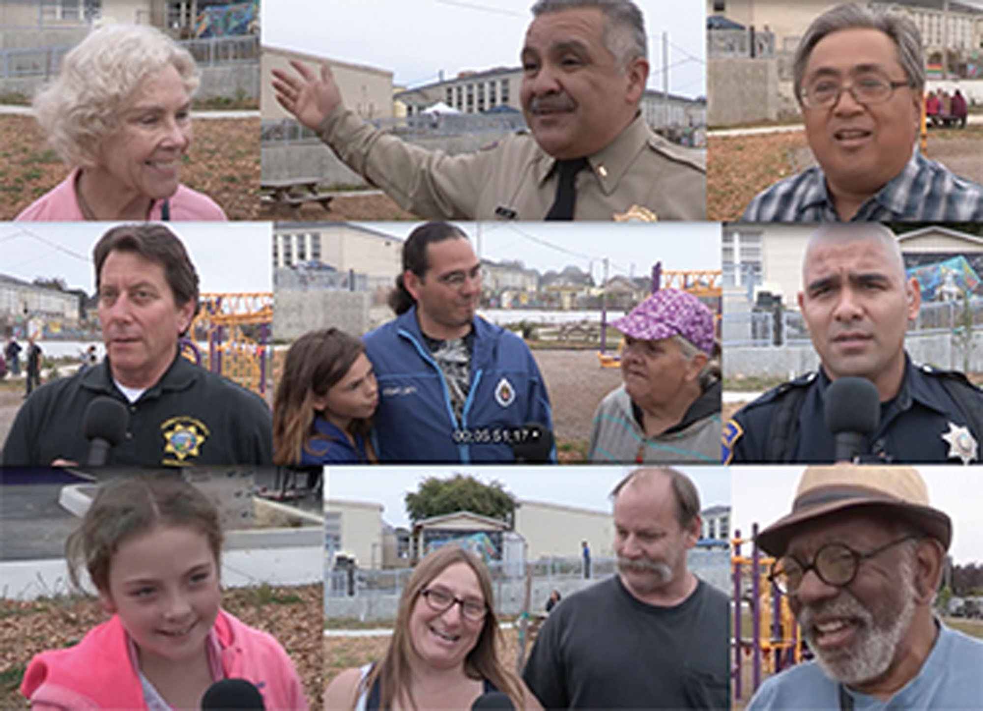 A collage of nine images of people from different ages and races outside speaking about parks