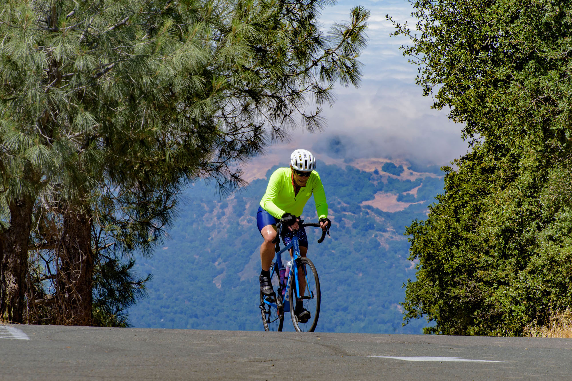 A man crests the top of the hill on his road bike with forested foggy hills in the background