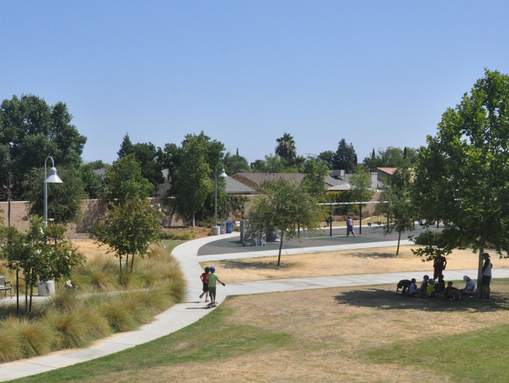 Children sitting in the shade of a tree with two children on a sidewalk jogging and on a skateboard