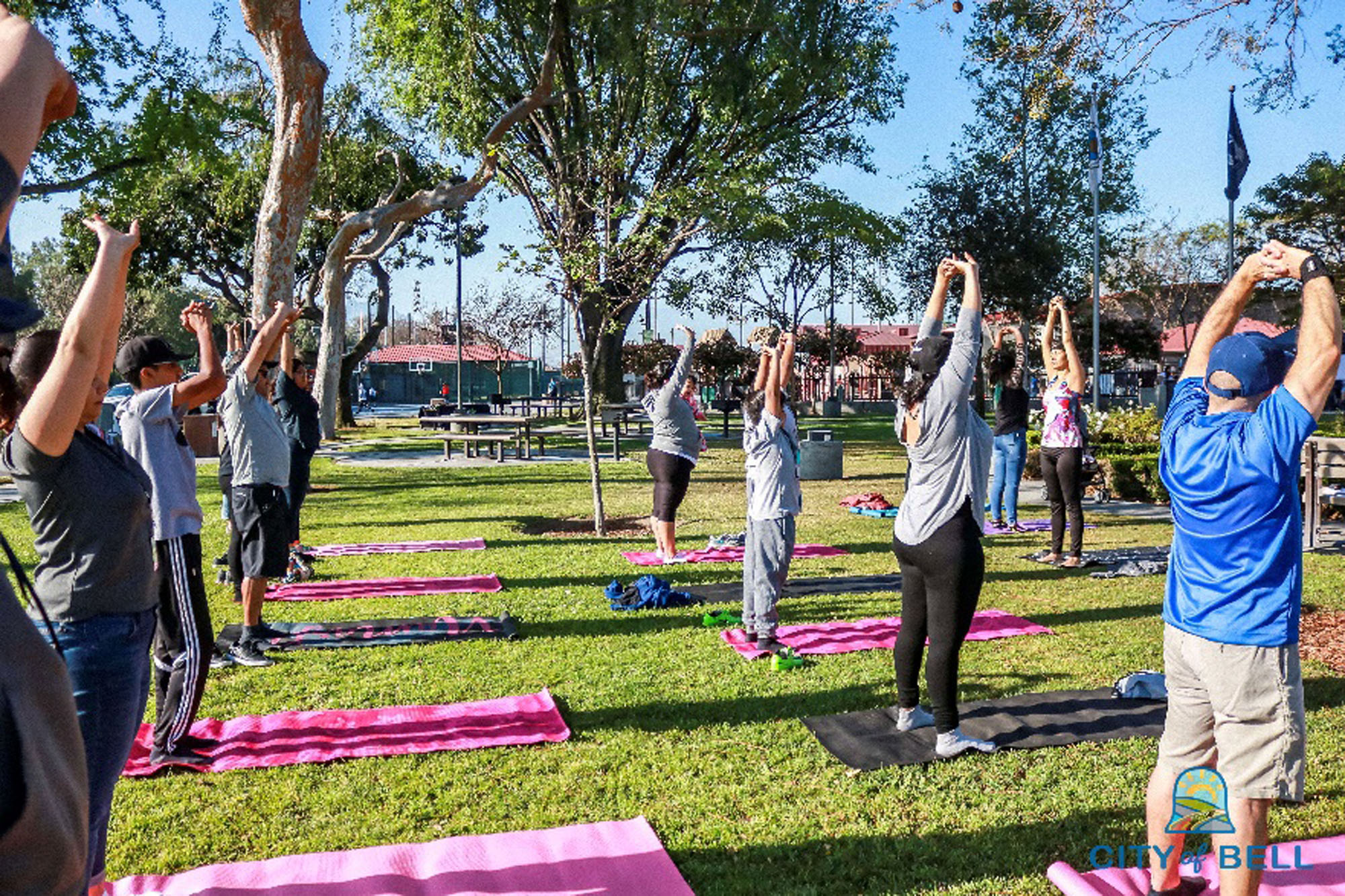 A group of people stretching during an outdoor yoga class with their yoga mats on the grass